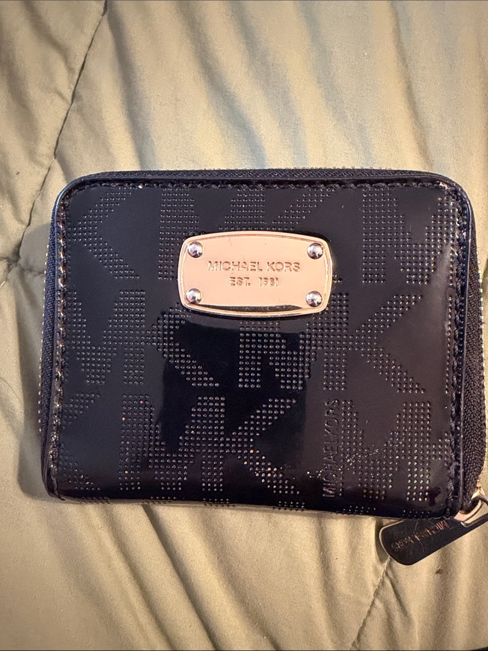 Michael Kors Black Patent Logo Zip Wallet with Gold Plaque